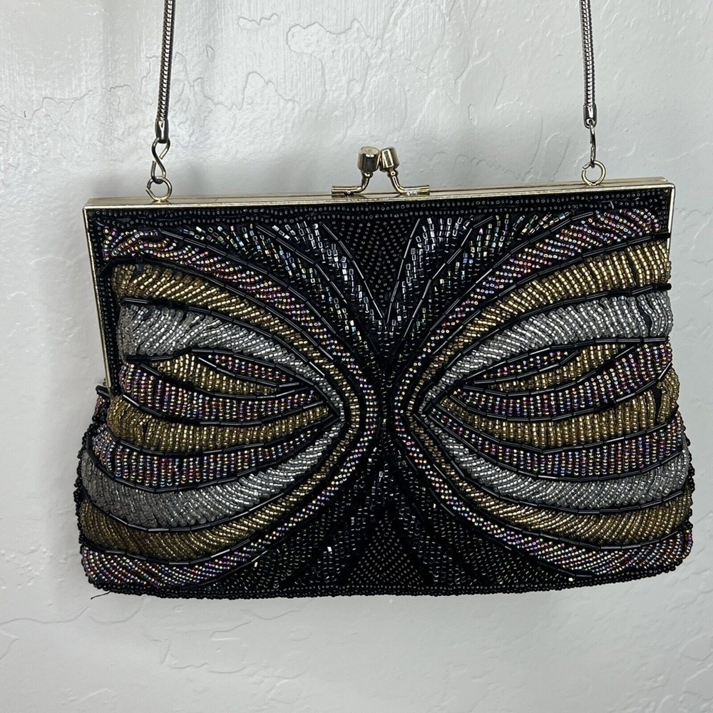 Vintage La Regale Beaded Black Crossbody Bag Evening Purse Chain Strap Handmade - Picture 2 of 8